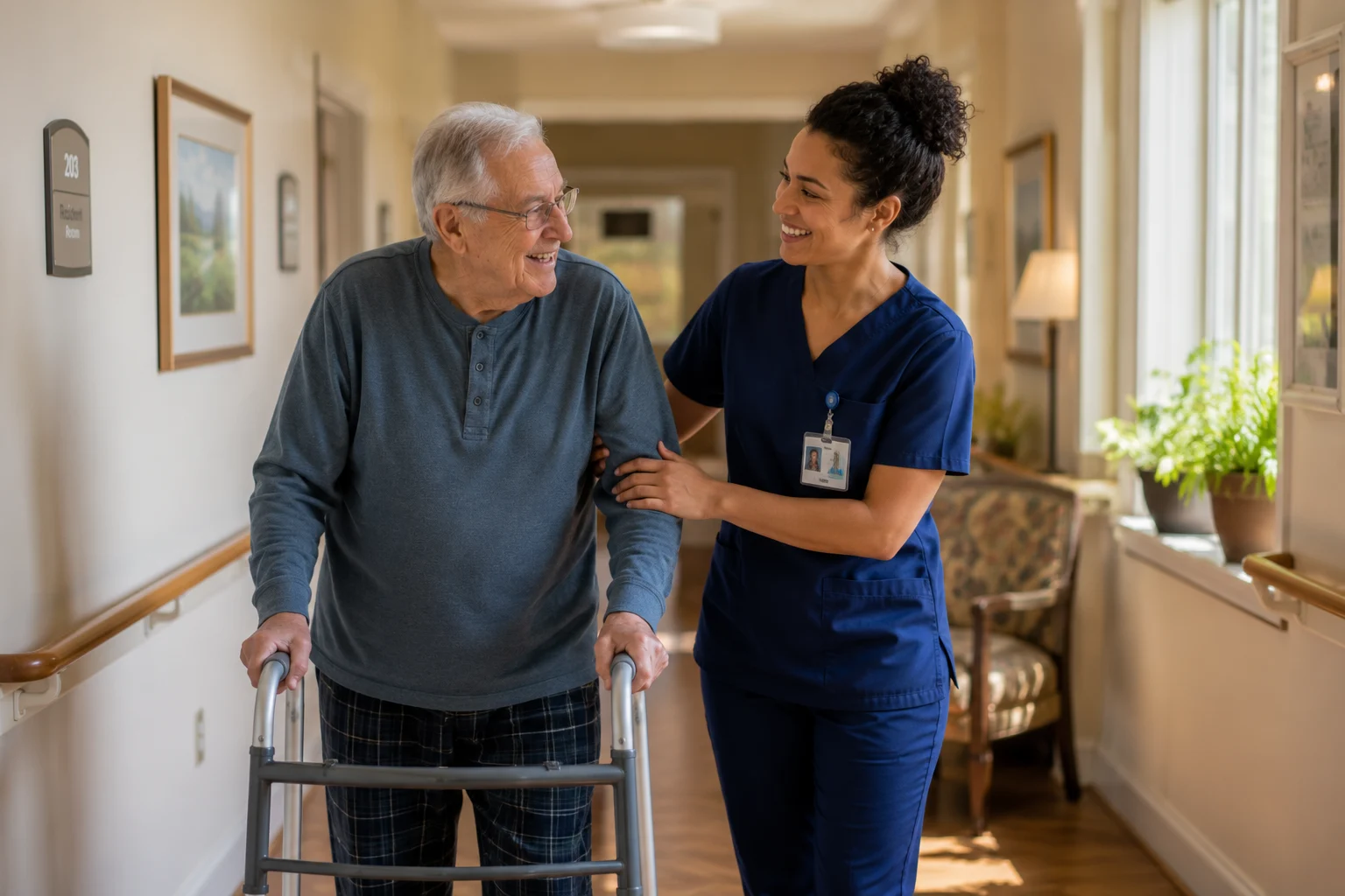 Caregiver assisting senior with walker in assisted living hallway